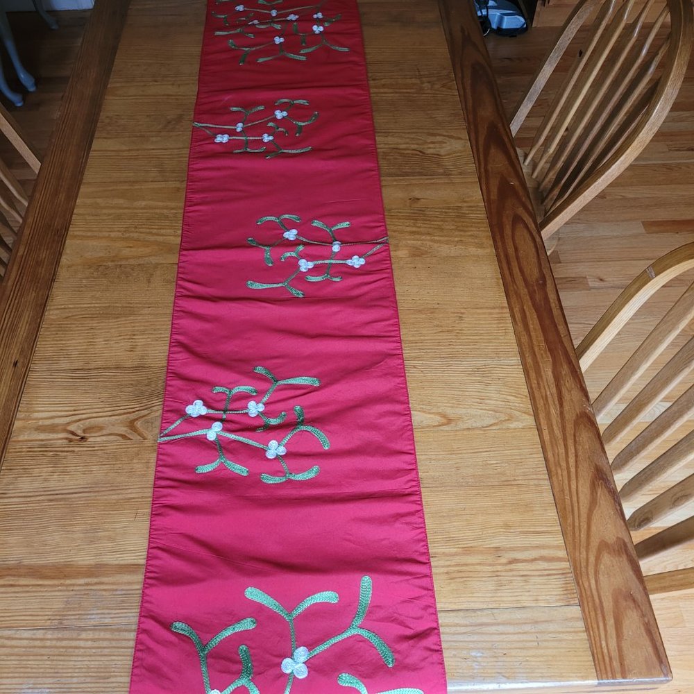 Red Table Runner with Embroidered White Flowers with Green Stems